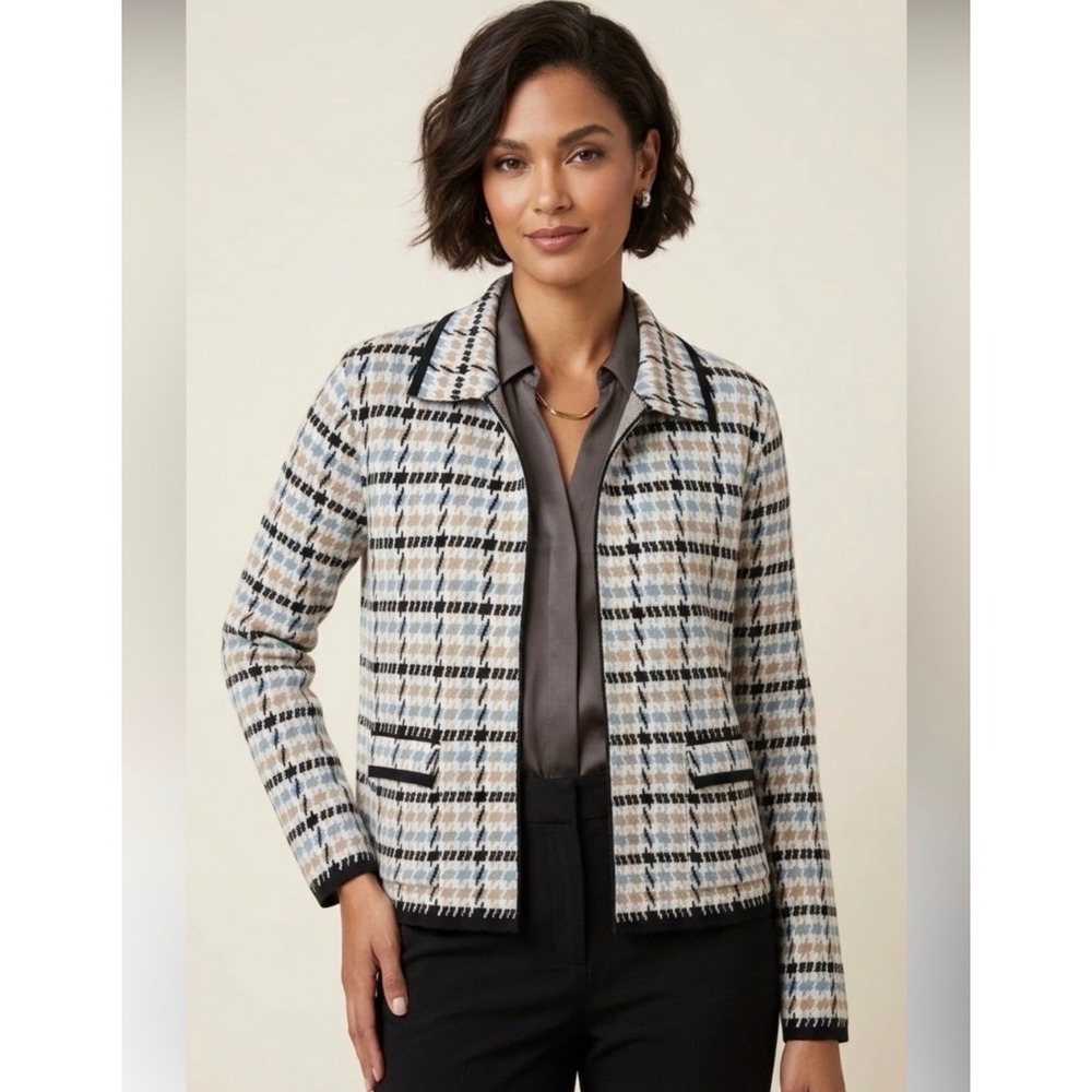 Tahari Womens Blue Tan‎ Houndstooth Knit Open Front Cardigan Jacket Size Small